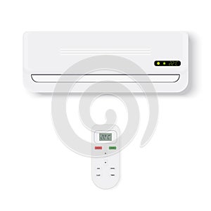 Split system air conditioner.Realistic conditioner with remote control. Vector illustration on white background