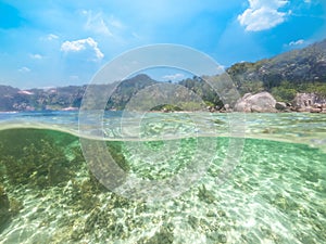 Split underwater view of Anse Royale beach in Mahe island