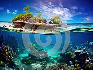 Split view with sky and beautiful coral reef underwater