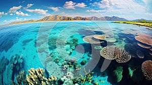 Split View of Tropical Island and Underwater Coral Reef