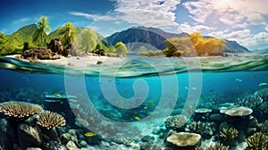 Split View of Tropical Island and Underwater Coral Reef