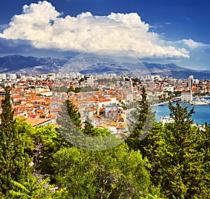 The Split waterfront and Marjan hill aerial view, Dalmatia, Croatia