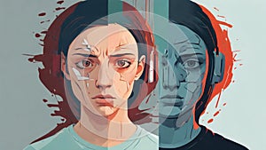 A splitscreen illustration showing a persons face with a serene expression on one side, and a distorted, stressed photo