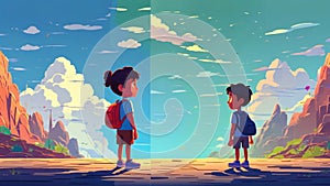 A splitscreen illustration showing the same child growing up in two different environments, with one resulting in