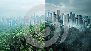 A splitscreen image with a forest on one half and a city skyline on the other. The text reads Reducing carbon emissions photo