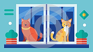 A splitscreen showing a dog and cat napping peacefully on separate windowsills both with safety alerts in place photo