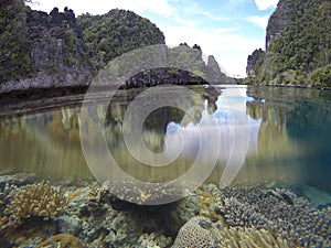 Splitshot of Coral and Karsts in Misol, Raja Ampat, Indonesia