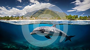 splitted photo of a caribbean island with holiday resorts and an underwater scene below