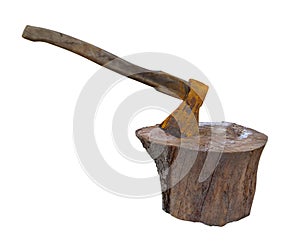 Splitting wood with axe isolated on white background