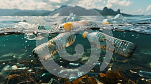 Splitview image depicting the alarming issue of plastic bottles polluting clear ocean waters