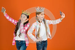 Spoiled children concept. Egocentric princess. Kids wear golden crowns symbol princess. Warning signs of spoiled child