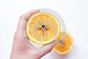 Spoiled orange. The black middle inside the fruit