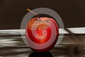 Spoiled red apple with visible rot on a dark studio background