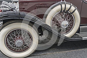 Spoke wheels of vintage car, Wanaka, New Zealand