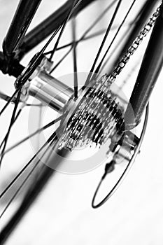 Spoked bicycle wheel and cassette gears in motion