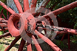 Spokes of an old wood wagon wheekl show deterioration