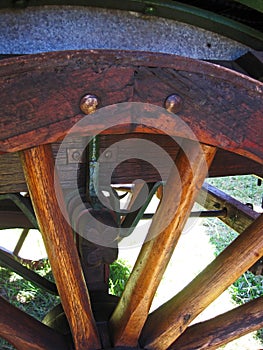 SPOKES AND RIM OF WOODEN WAGON WHEEL