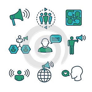 Spokesperson icon set - bullhorn, coordination, pr, and public r