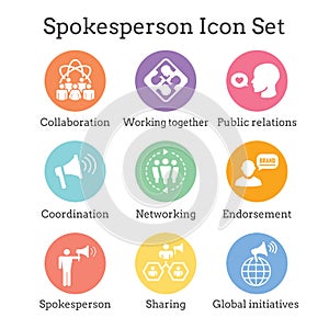 Spokesperson icon set - bullhorn, coordination, pr, and public r