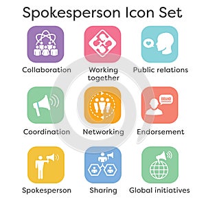 Spokesperson icon set - bullhorn, coordination, pr, and public r photo