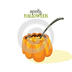 Spoky Haloween postcard. Orange pumpkin soup. Simple vector illustration.