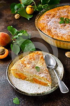 Sponge cake with apricots, dusted with icing sugar