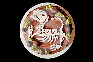 Sponge cake with eatable dinosaur skeleton