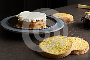 Sponge cake filled with butter cream and decorated with frosting
