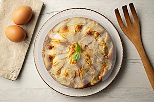 Sponge cake with pear and yogurt. Delicious traditional Italian recipe.