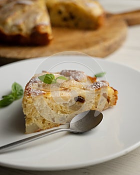 Sponge cake with pear and yogurt. Delicious traditional Italian recipe.