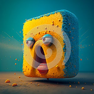 A Sponge Character with a Wild Expression and its Mouth Wide open, Exudes a Sense of Surprise, Shock, and Craziness photo