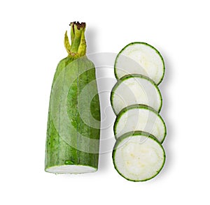 Sponge gourd or luffa with slice  on white background. top view