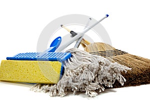 Sponge mop, broom and string mop on white