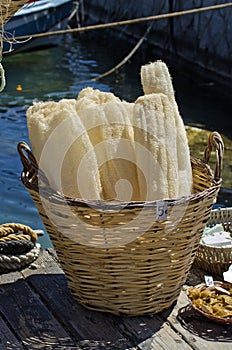 Sponges in basket in port, Rhodes island, Greece