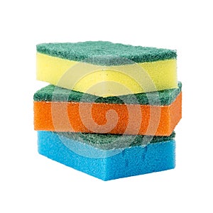 Sponges for washing dishes on a white background. Multi-colored sponges for washing dishes isolated on a white background