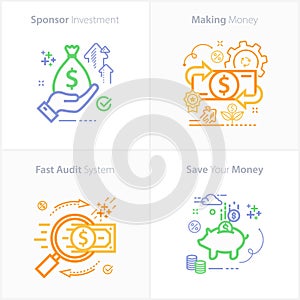 Sponsor investment concept icon / Making money concept icon / Fast audit system concept icon / Save your money concept icon