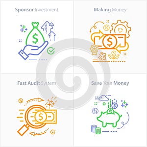 Sponsor investment concept icon / Making money concept icon / Fast audit system concept icon / Save your money concept icon photo