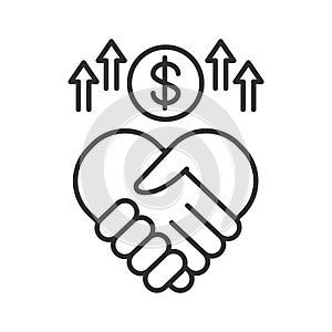 Sponsorship line black icon. Handshake and money. Fundraising vector pictogram. Charity and volunteering symbol. Button for web