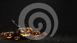 Spooktacular Delights: Happy Halloween Banner with Realistic 3D Black Pumpkins, Cut Scary Smiles, and Flying Bats. created with