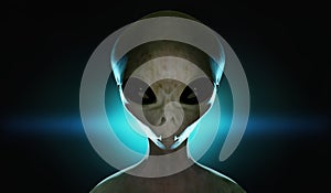 Spooky alien`s face. Blue light in background. 3D rendered illustration.