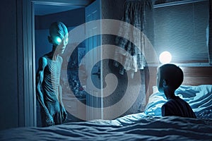 Spooky alien sentient being visits kid in his room at night, illustration, generative AI