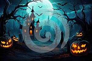 A spooky and atmospheric Halloween scene featuring pumpkins and a full moon lighting up the darkness, Gloomy and scary background