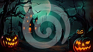 A spooky and atmospheric Halloween scene featuring pumpkins and a full moon lighting up the darkness, Gloomy and scary background