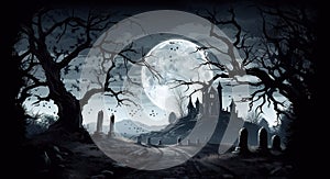 A spooky banner background concept for Halloween with the silouette of a cemetery leading to a castle
