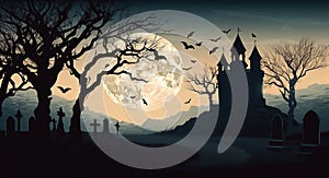 A spooky banner background concept for Halloween with the silouette of a cemetery leading to a castle