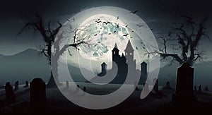 A spooky banner background concept for Halloween with the silouette of a cemetery leading to a castle