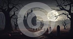 A spooky banner background concept for Halloween with the silouette of a cemetery leading to a castle