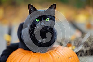 A spooky black cat with glowing green eyes sitting on a pumpkin Halloween Cat on pumpkin