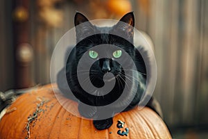 A spooky black cat with glowing green eyes sitting on a pumpkin Halloween Cat on pumpkin