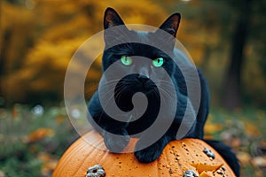 A spooky black cat with glowing green eyes sitting on a pumpkin Halloween Cat on pumpkin